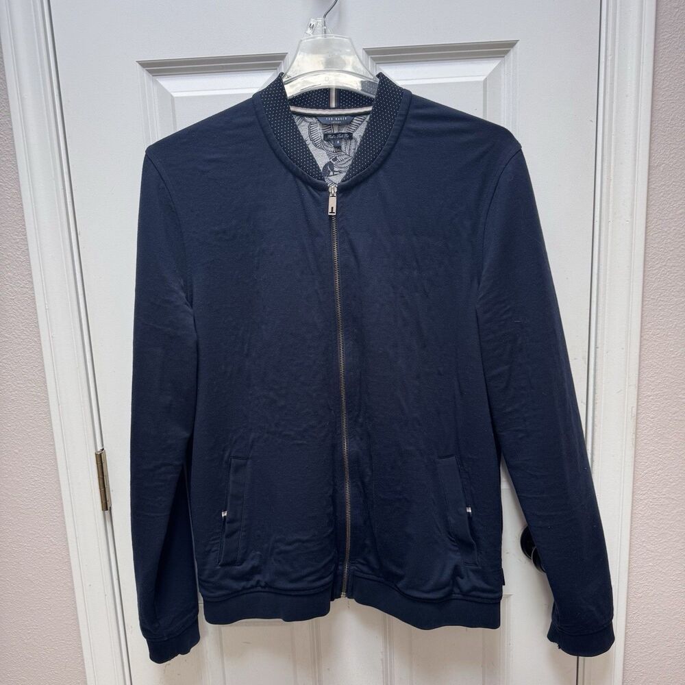 Ted Baker London Teds Tall Fit Bomber Size 5 Navy Blue Full Zip Snap Pockets